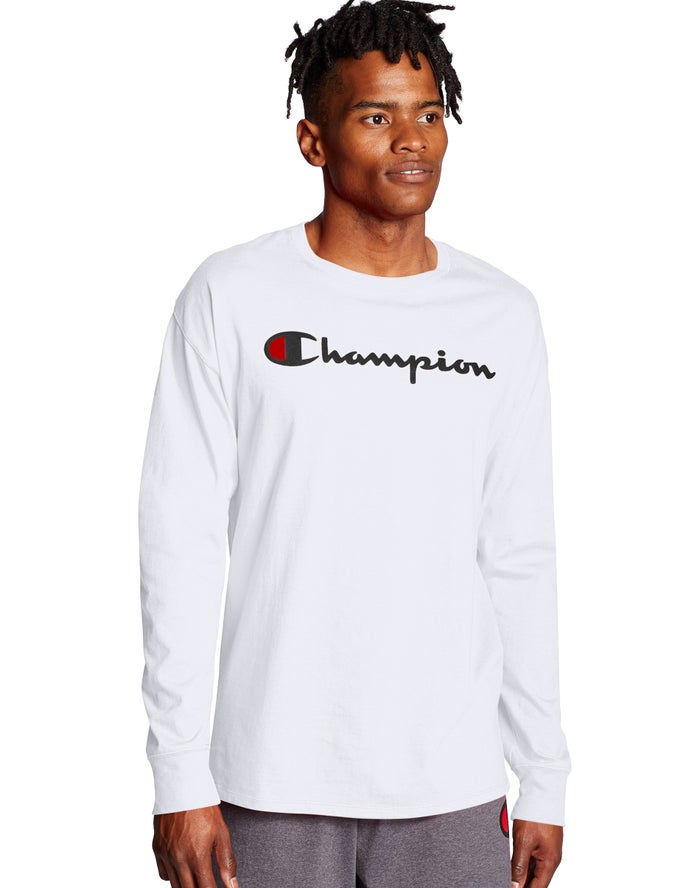 Tricou Champion Classic Long-Sleeve Script Logo Barbati Albi - Romania OJADPFQ-56